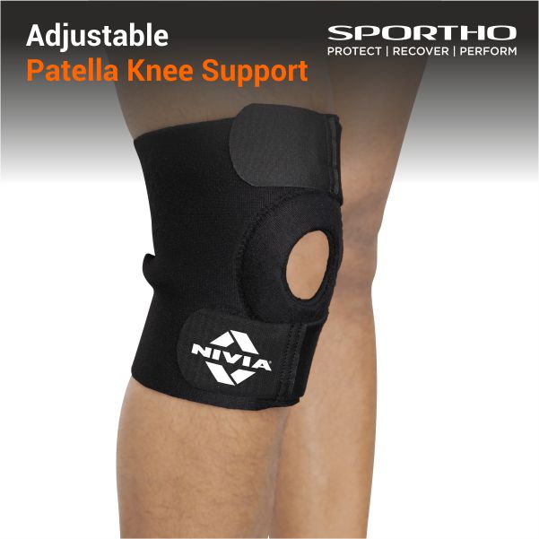NIVIA Basic Patella Knee Support With Adjustable Vecro, Knee Braces & Sleeves, For Pain Relief & Recovery Available in S | M | L | XL & Black Color , Used for Rehabilitation & Recovery